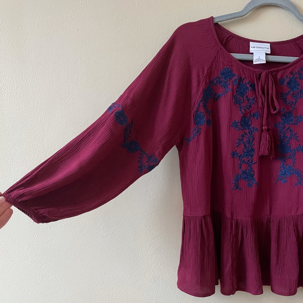 Burgundy Liz Claiborne Peasant Sleeve Blouse